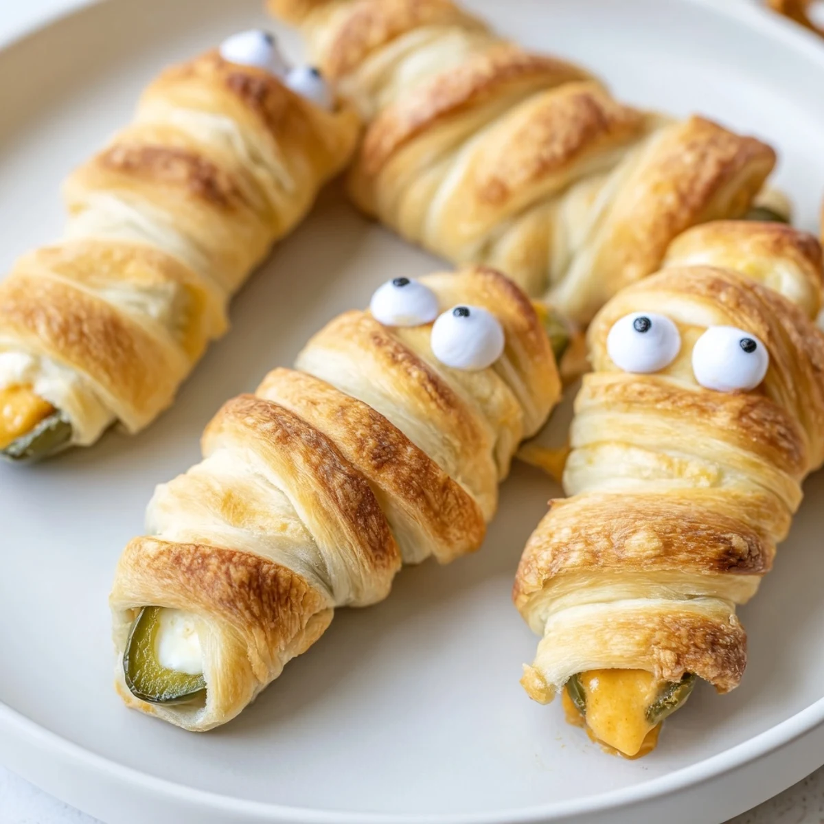 Creepy mummy jalapeño poppers with golden crescent dough bandages and googly candy eyes on a parchment-lined baking sheet