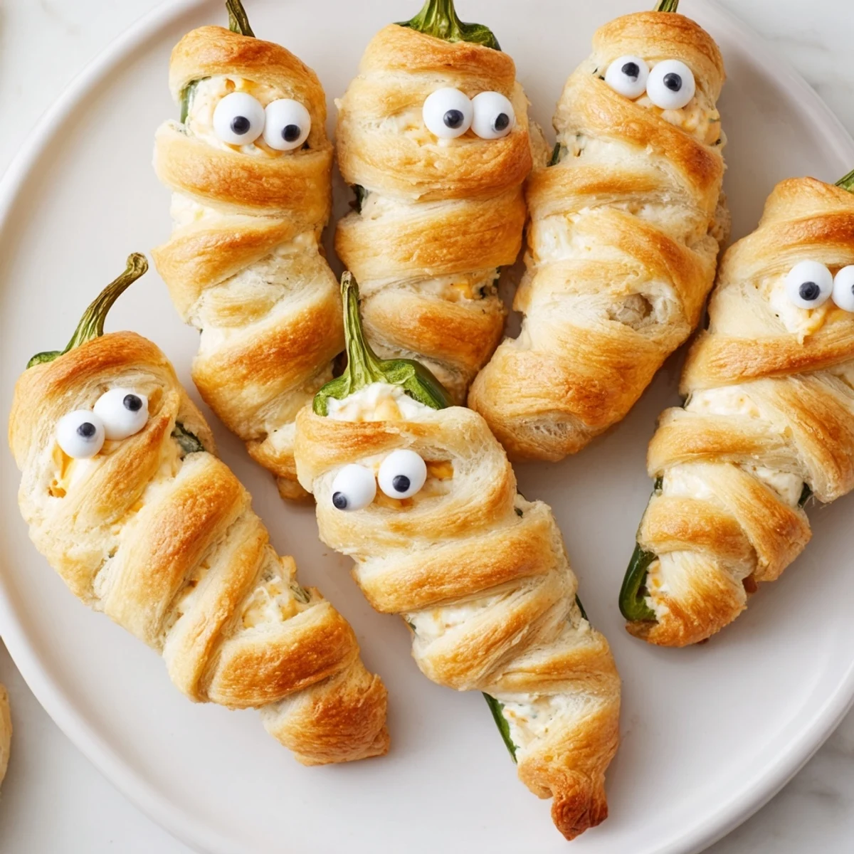 Spooky mummy jalapeño poppers oozing with melted cheddar cream cheese filling wrapped in crispy flaky pastry strips