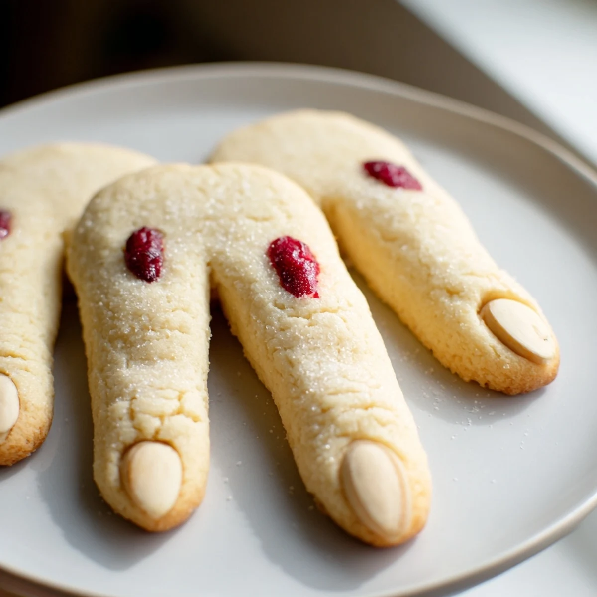 Creepy Witch Finger Cookies with red jam blood served on a dark Halloween party platter
