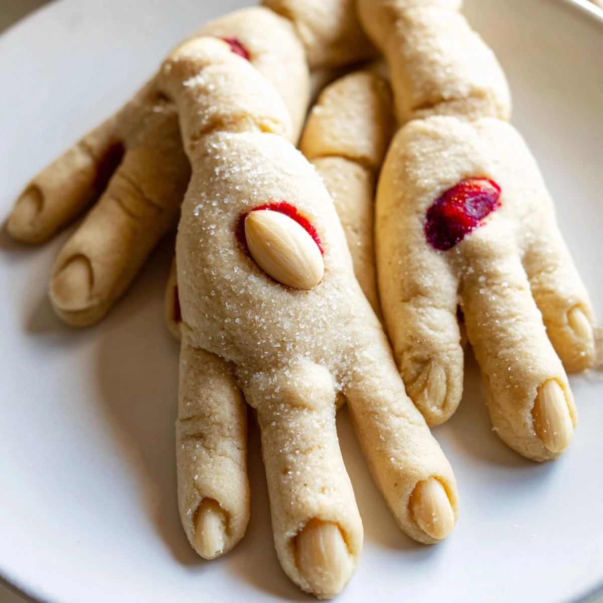 Golden baked Creepy Witch Finger Cookies featuring almond nails and realistic knuckle indentations