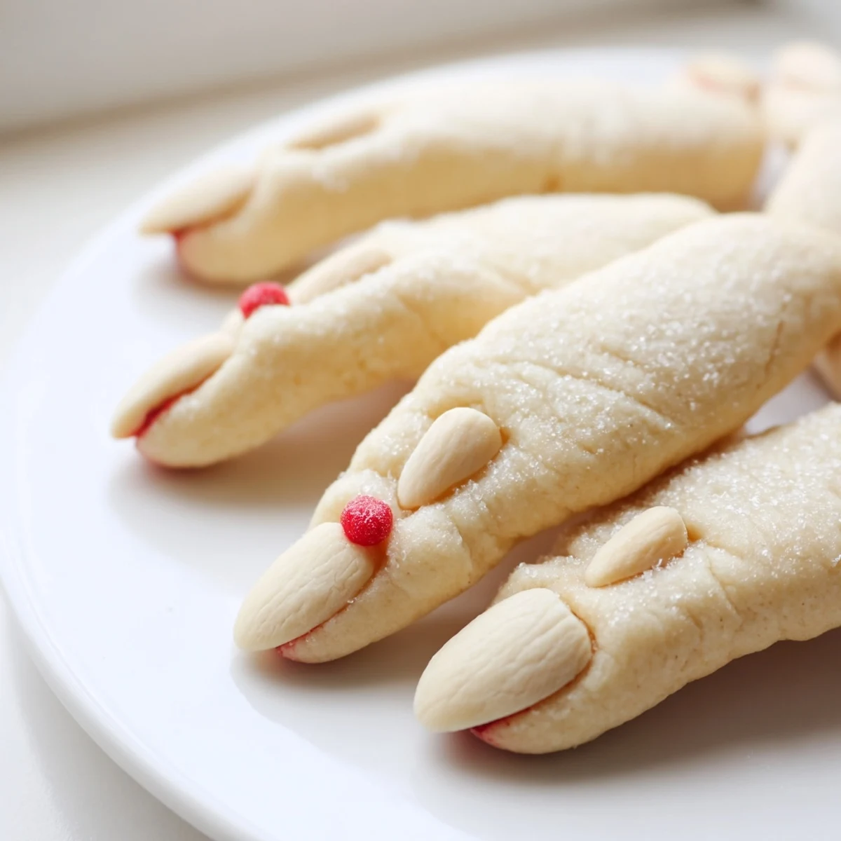Plate of Creepy Witch Finger Cookies arranged alongside festive Halloween candy and hot cider