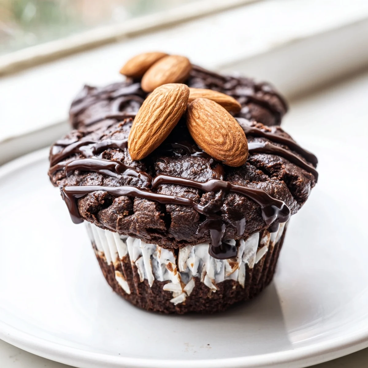 Rich flourless almond joy cupcakes topped with melted chocolate and roasted almonds on a rustic plate