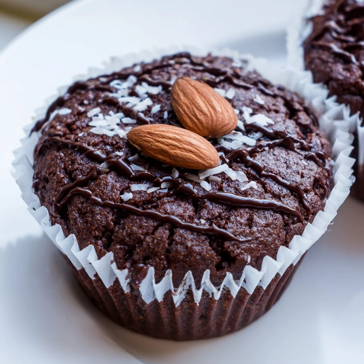 Decadent flourless almond joy cupcakes with gooey coconut centers drizzled in dark chocolate ganache glaze