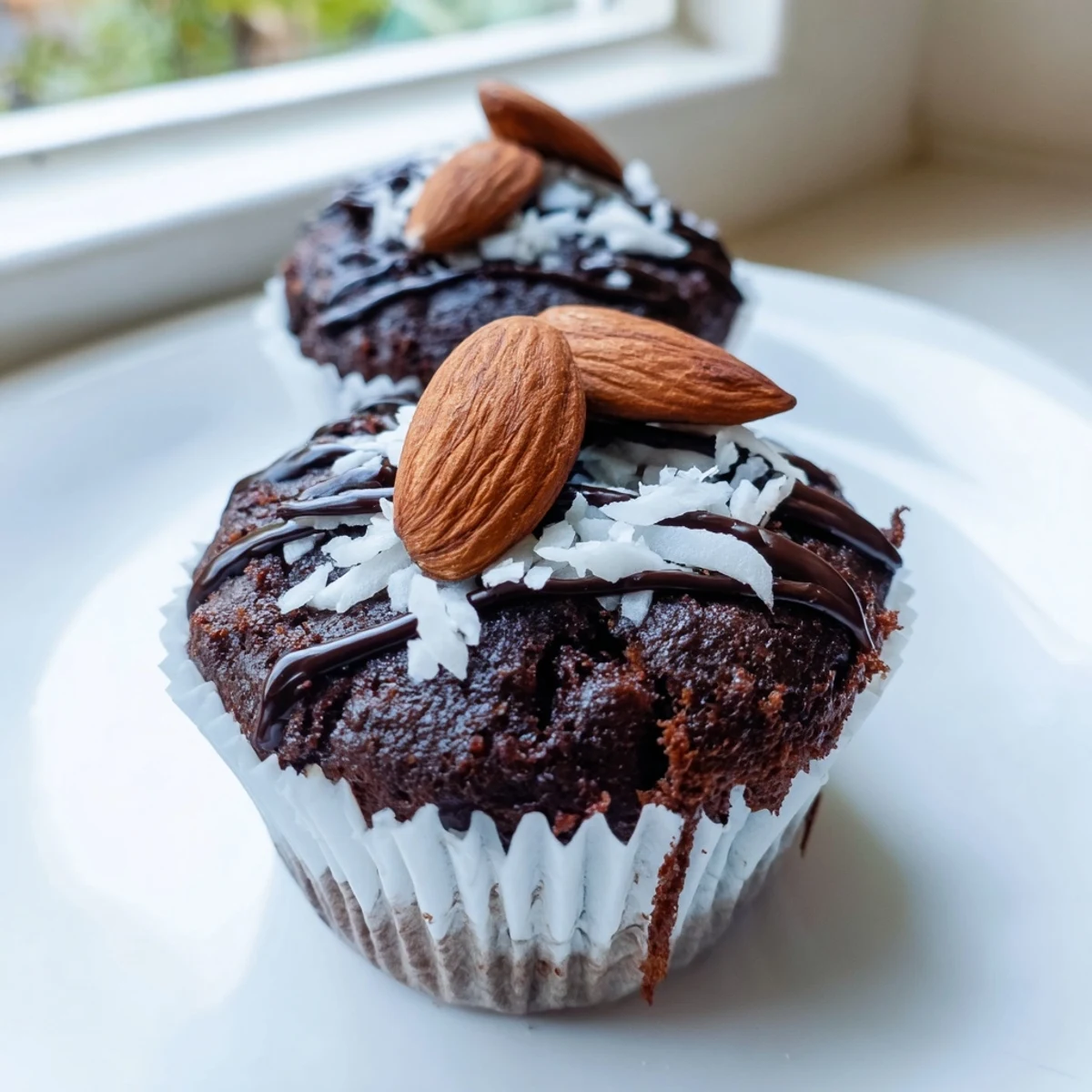 Moist flourless almond joy cupcakes nestled in paper liners showcasing fudgy texture and sweet coconut filling