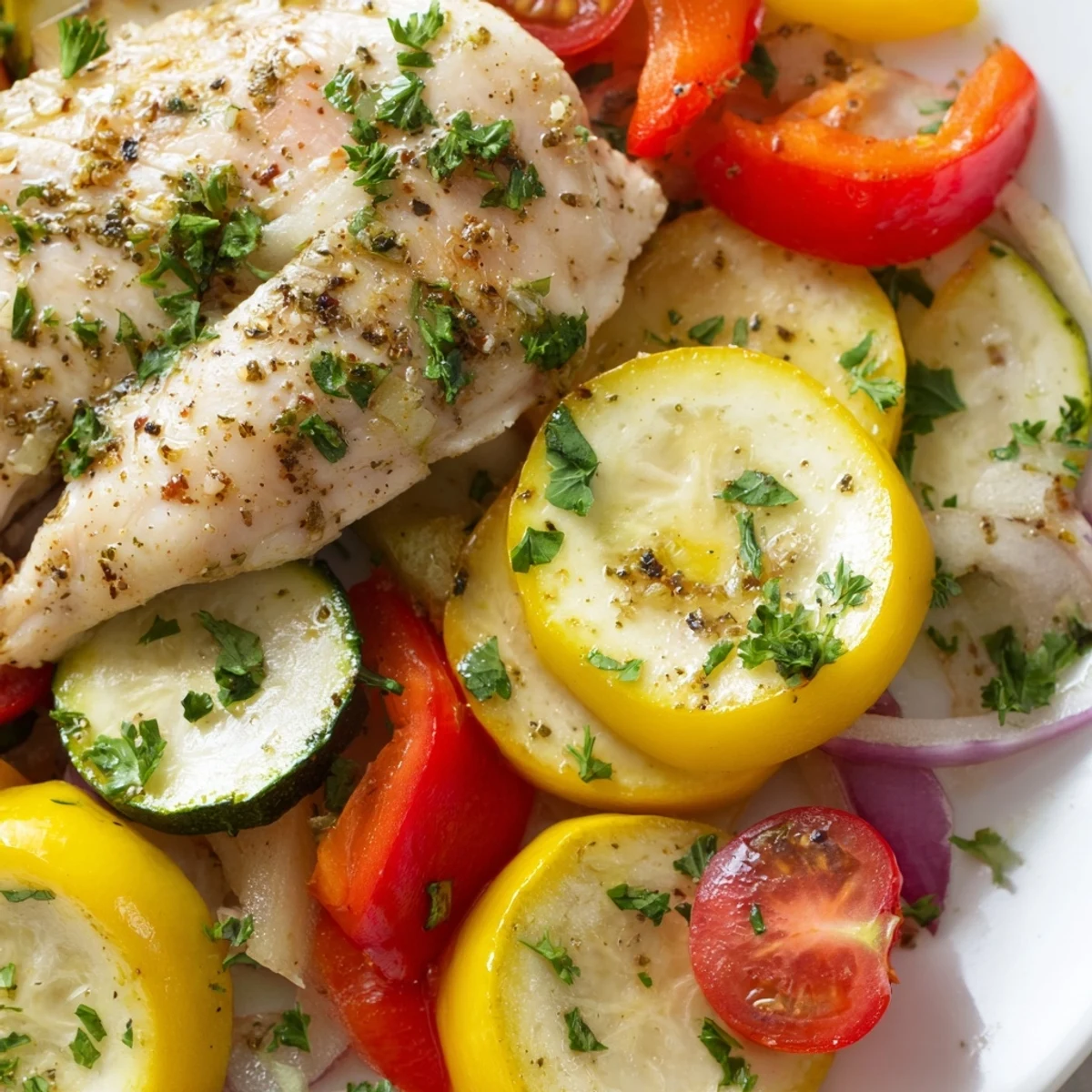 Golden chicken foil packets recipe served open on a plate with fresh parsley and lemon