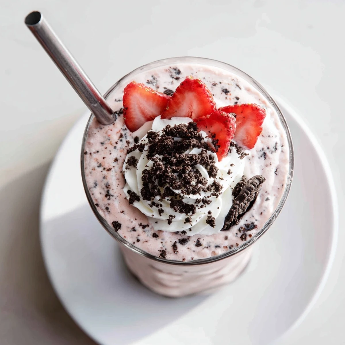 Thick pink strawberry Oreo milkshake topped with whipped cream in a chilled glass