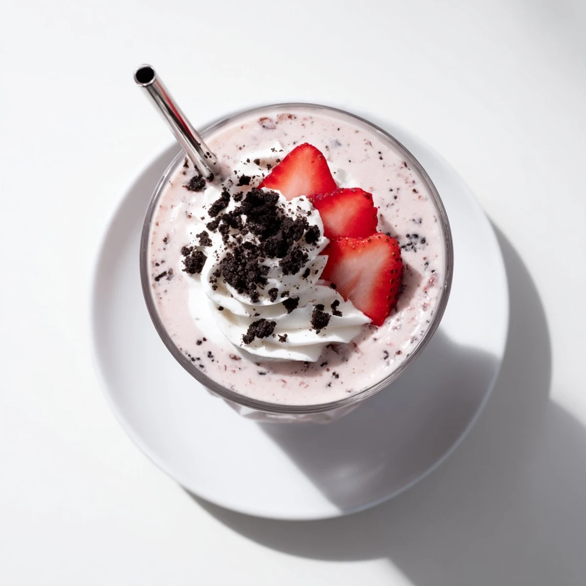 Frosty strawberry Oreo milkshake served tall with a fluffy whipped cream and Oreo garnish