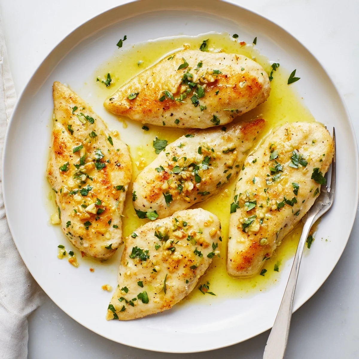 Crispy chicken breasts in a rich Lemon Garlic Butter Chicken skillet with parsley