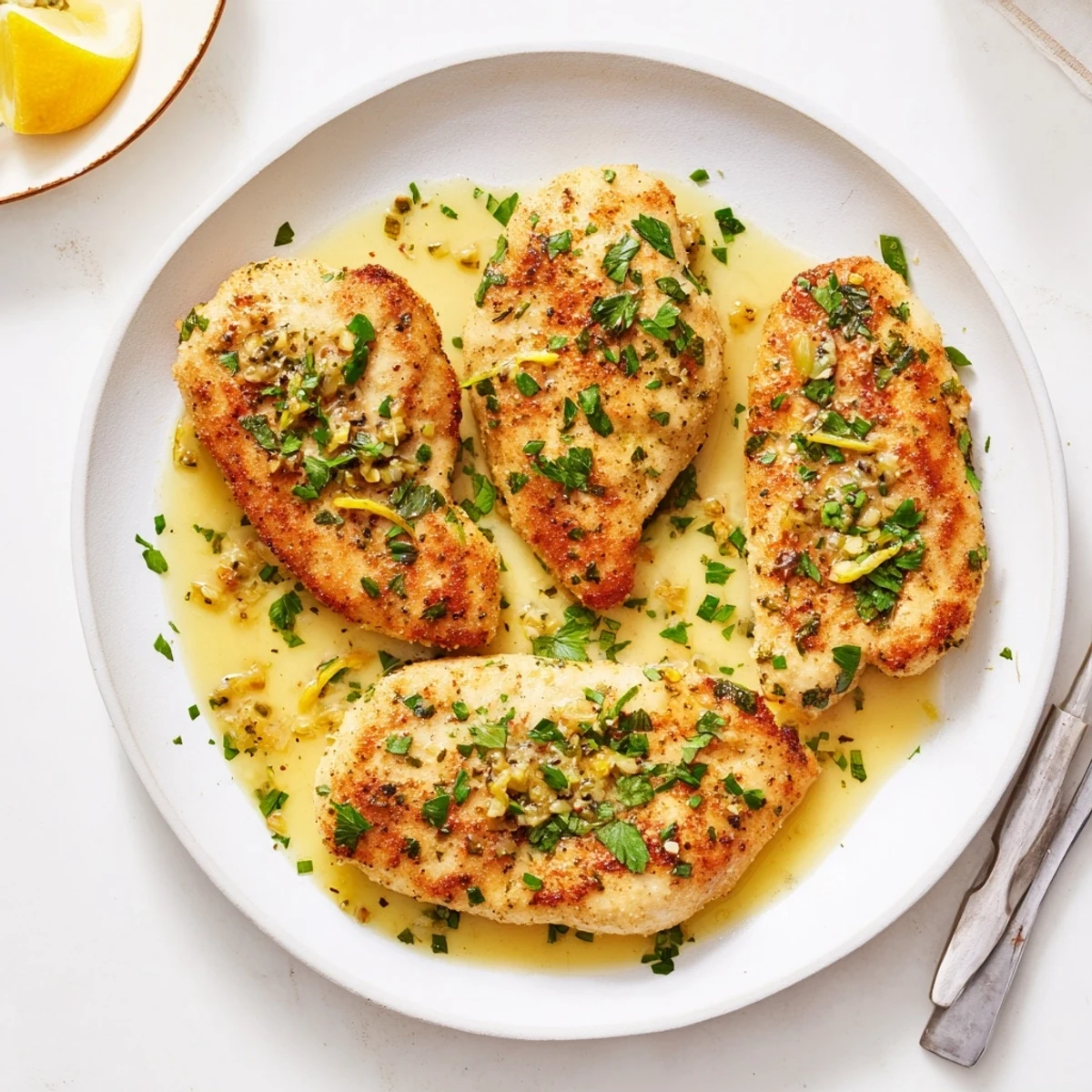 Saucy Lemon Garlic Butter Chicken served over rice with bright lemon pan juices