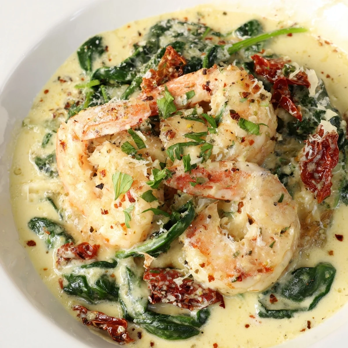 Golden shrimp nestled in a rich garlic Parmesan sauce with wilted spinach for this keto creamy Tuscan shrimp.