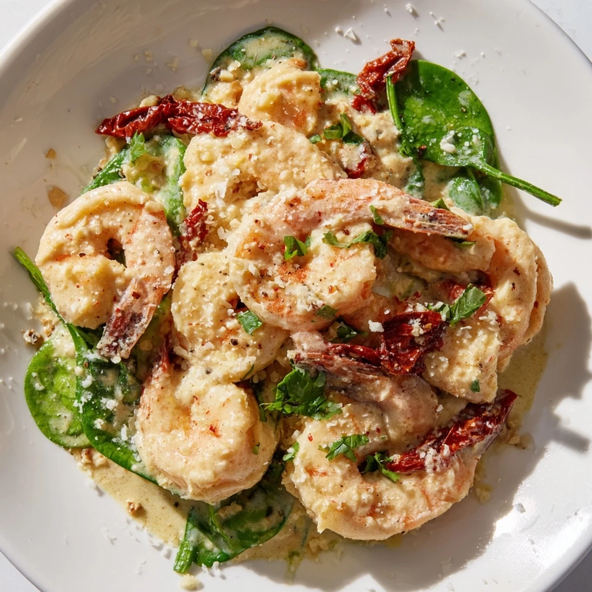 A skillet of keto creamy Tuscan shrimp draped in a sun-dried tomato cream sauce over tender baby spinach.