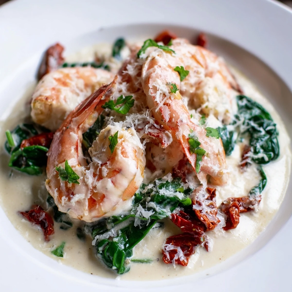 Plump pink shrimp coated in a thick cheesy garlic sauce make up this keto creamy Tuscan shrimp served hot.