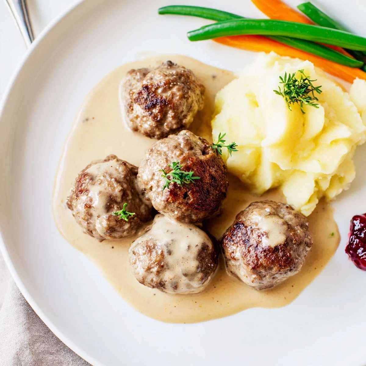 Homemade Ikea Meatballs glistening in creamy gravy, served over mashed potatoes