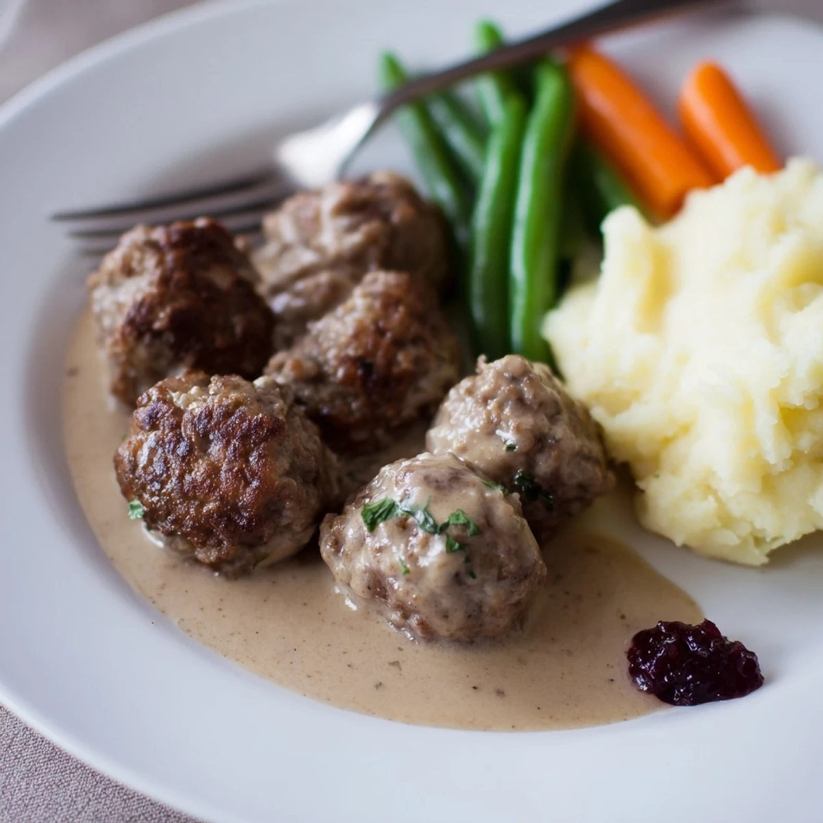 Pan browned Homemade Ikea Meatballs nestled in rich cream sauce, steam rising