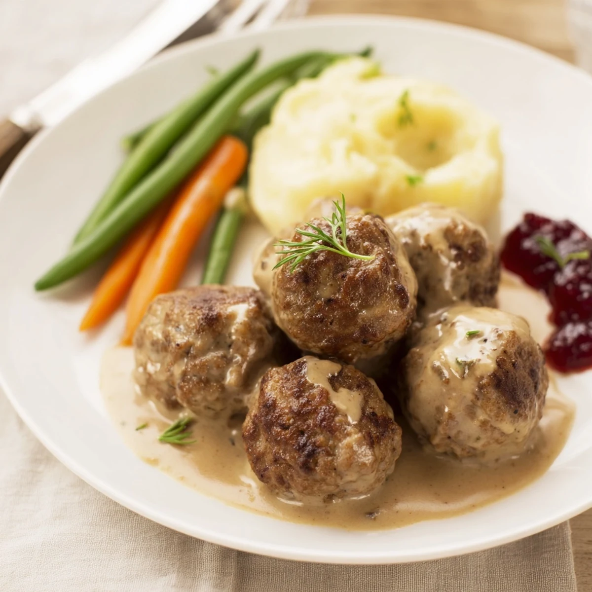 Homemade Ikea Meatballs spooned with gravy, paired with mashed potatoes and lingonberry