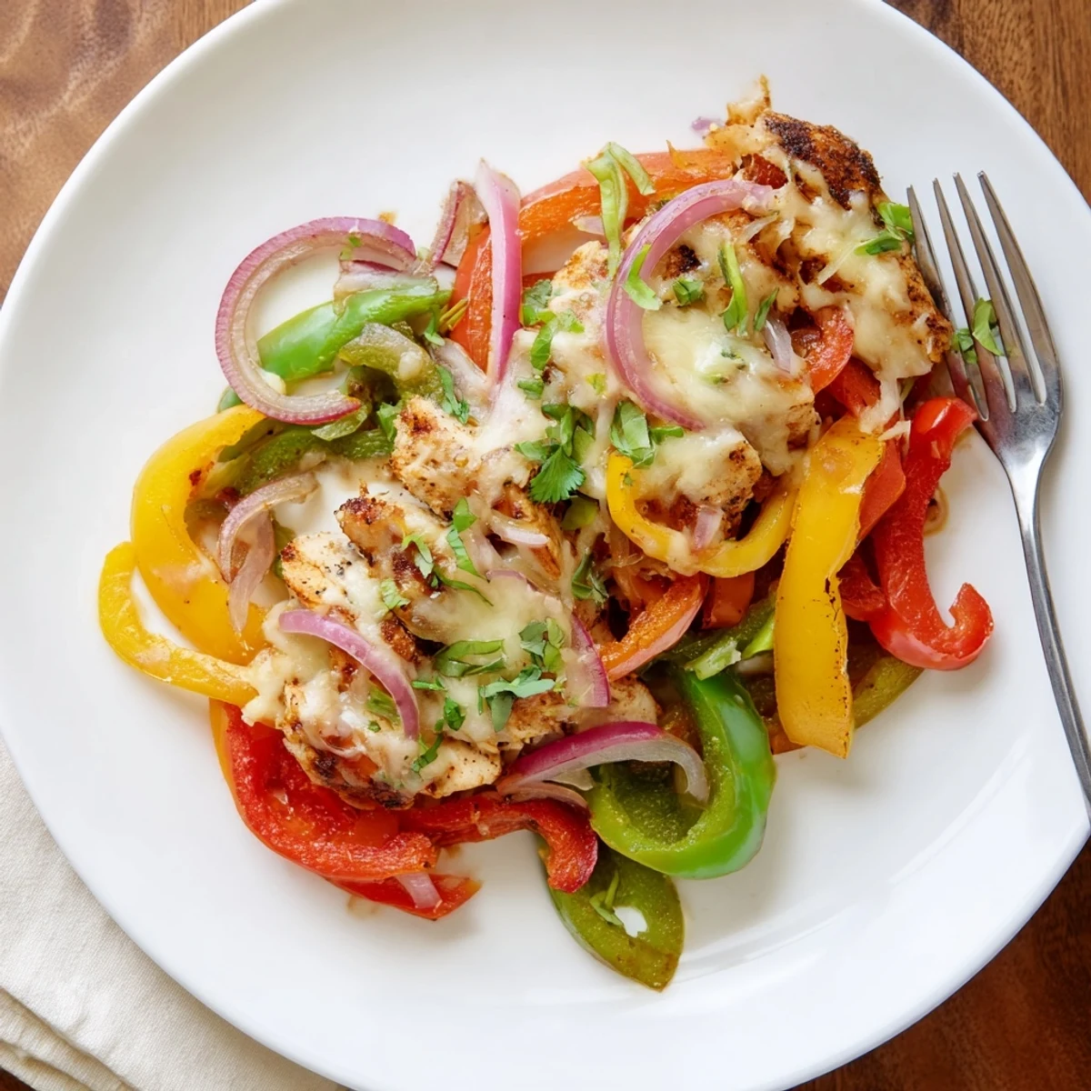 Cheesy Baja Chicken Bell Pepper Skillet bubbling with melted cheese, vibrant peppers  
