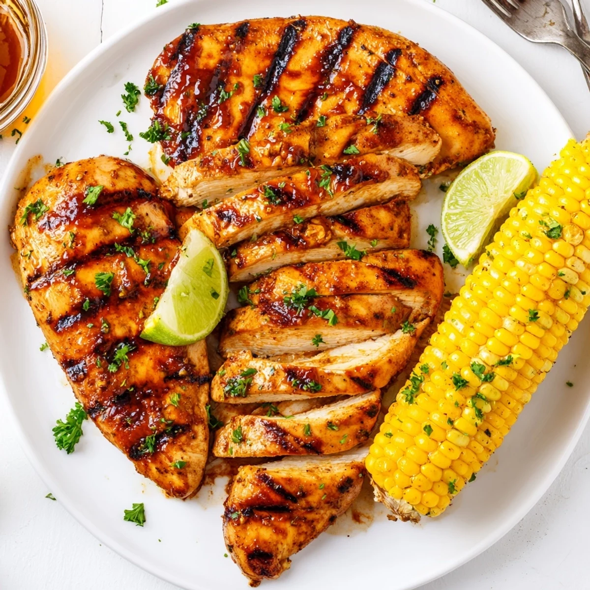 Smoky BBQ Chicken With Corn on platter, lime wedges and parsley garnish.