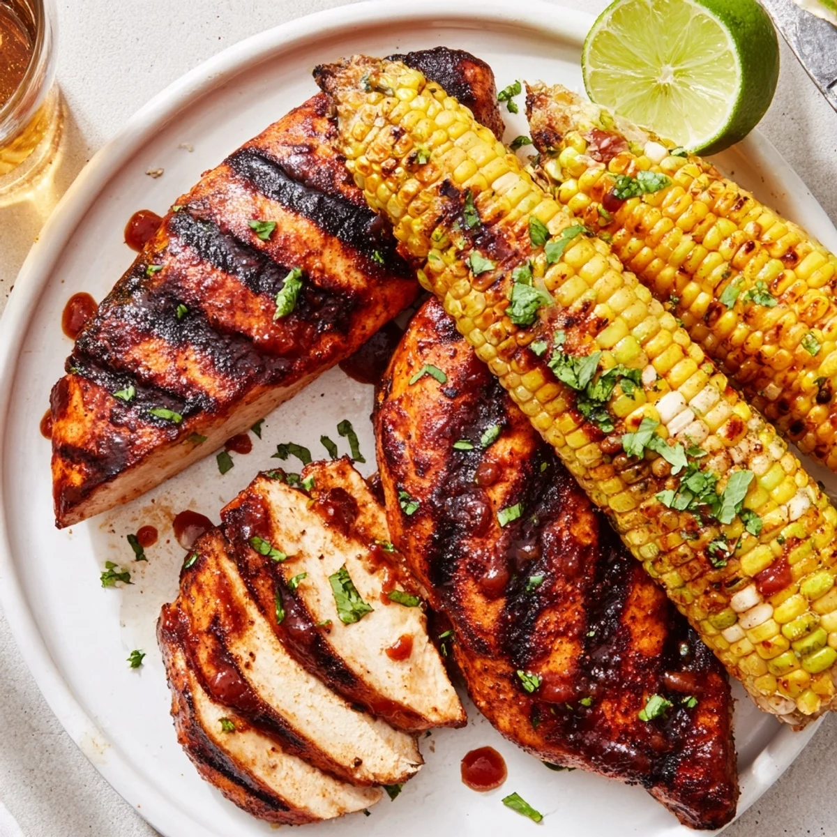BBQ Chicken With Corn glistening in sticky sauce, grilled char and buttered corn.