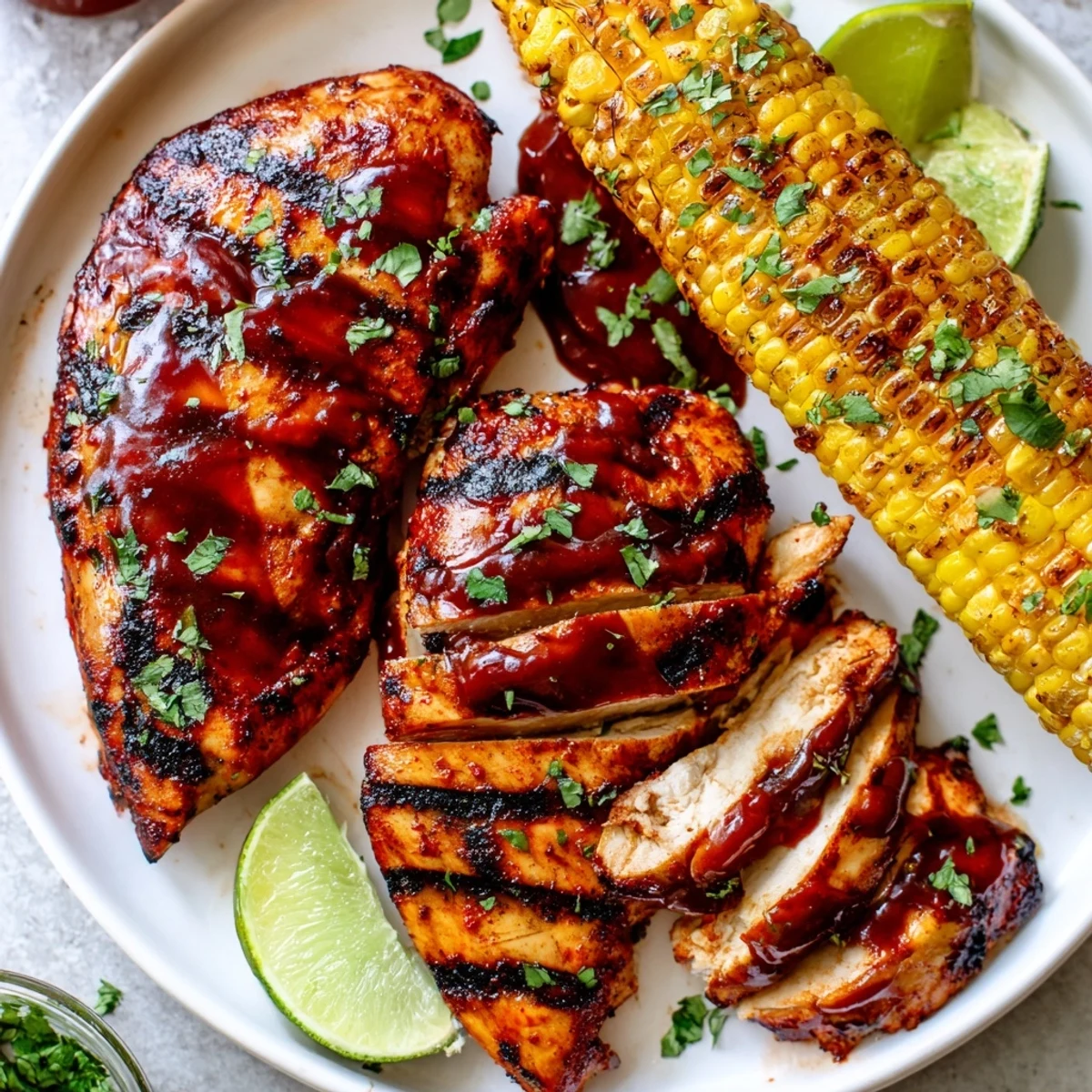 Summertime BBQ Chicken With Corn served hot, charred kernels and juicy slices.