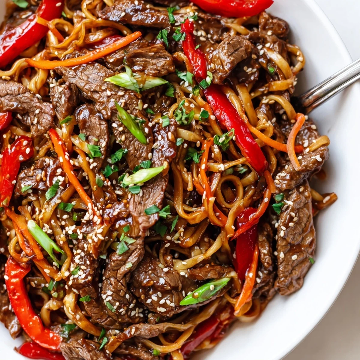 Sticky Beef Noodles glistening in a glossy sauce, tossed with scallions  