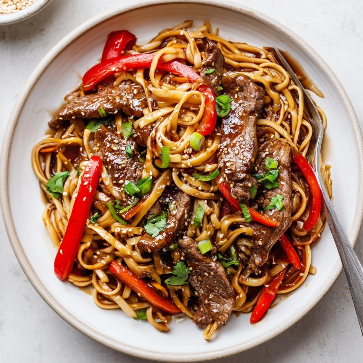 Warm Sticky Beef Noodles served steaming with toasted sesame seeds and cilantro