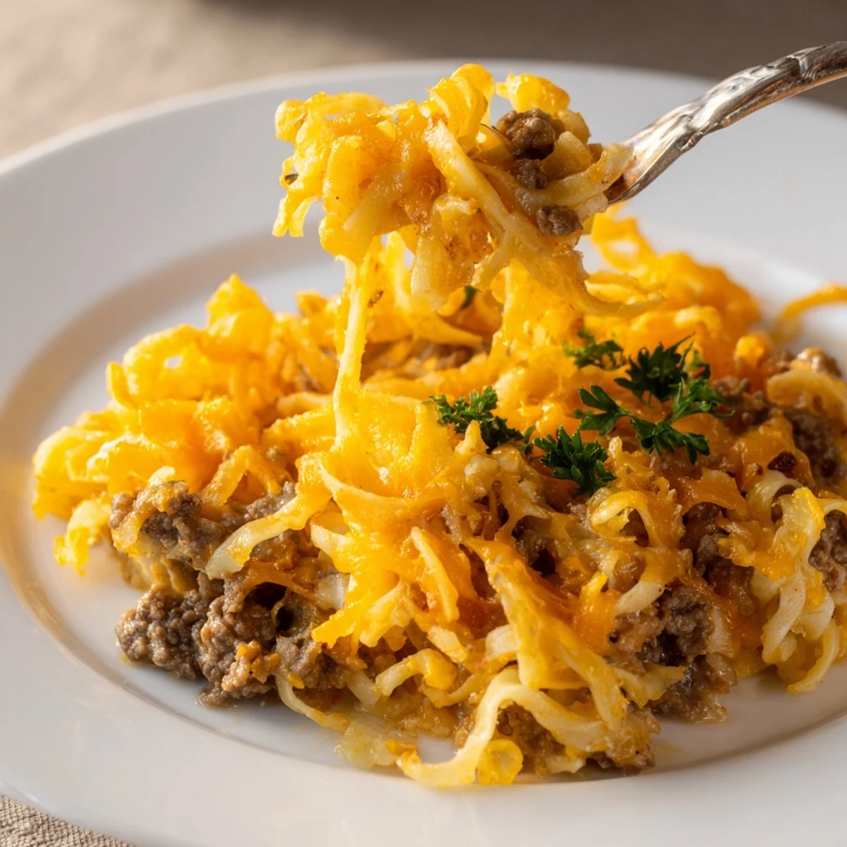 Beef Noodle Casserole bubbling in a baking dish, melted cheddar topping
