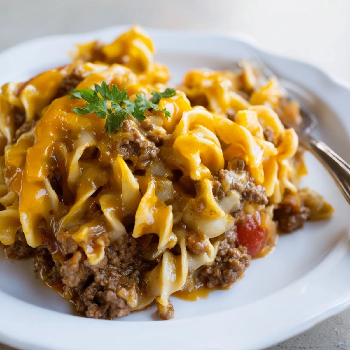 Slice of Beef Noodle Casserole on plate, savory tomato aroma, parsley