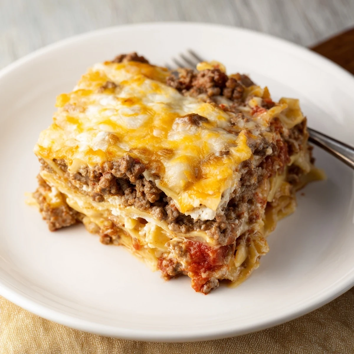 Beef Lombardi Casserole bubbling with golden cheddar, nestled in a dinner-ready dish