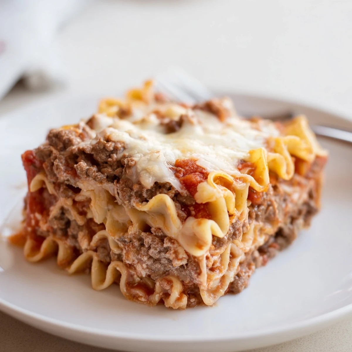 Slice of Beef Lombardi Casserole on plate, steaming, served with crusty bread