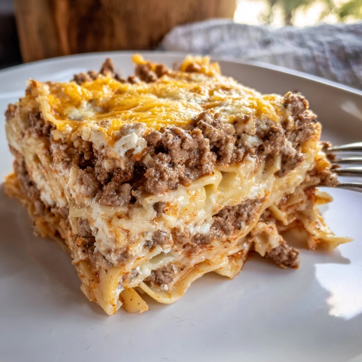 Hearty Beef Lombardi Casserole layered with noodles and creamy cottage cheese topping