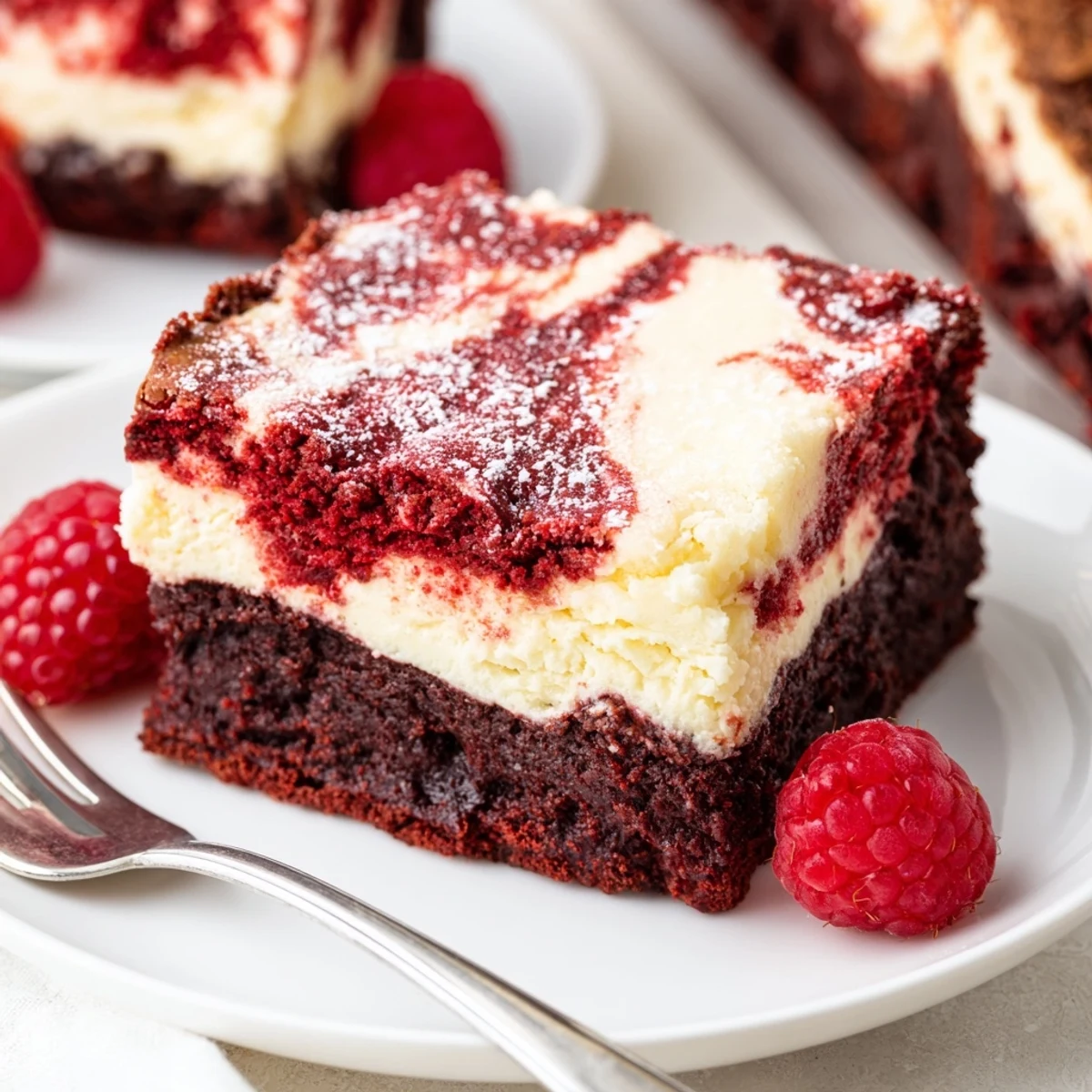 Freshly cut Red Velvet Brownies With Cheesecake Layer, fudgy red crumbs and tangy cheesecake