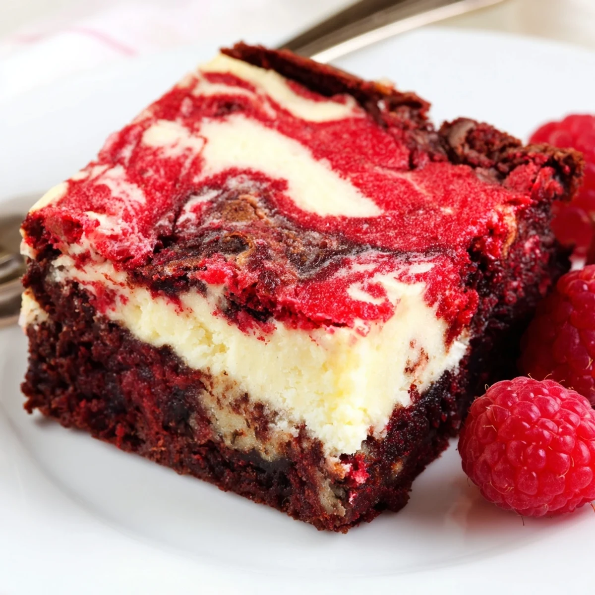 Sliced Red Velvet Brownies With Cheesecake Layer served chilled, creamy tang contrast  