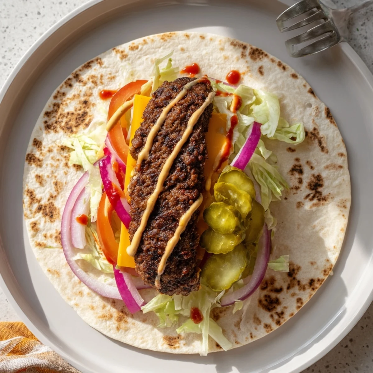 Close-up of Smash Burger Tacos Recipe on griddle, toasted tortillas, juicy meat