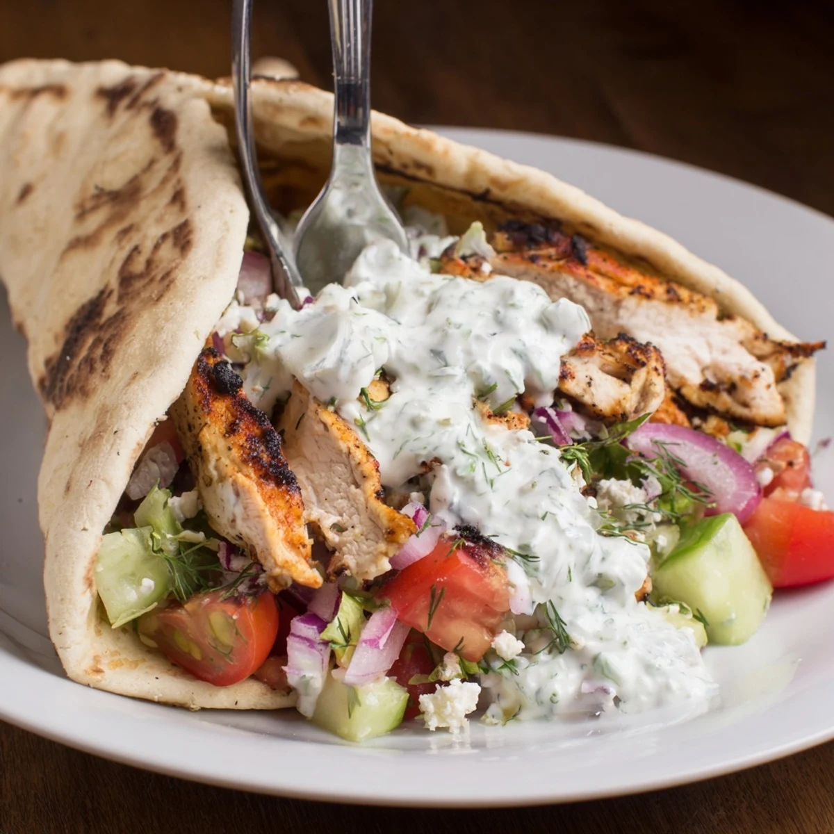 Mediterranean Chicken Pita Wraps steaming with grilled chicken, crisp cucumbers, tangy yogurt.