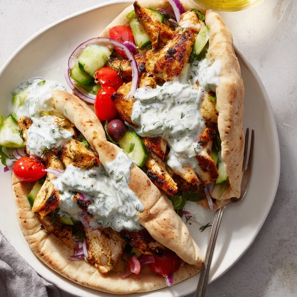 Close-up of Mediterranean Chicken Pita Wraps layered with feta, olives, fresh greens.