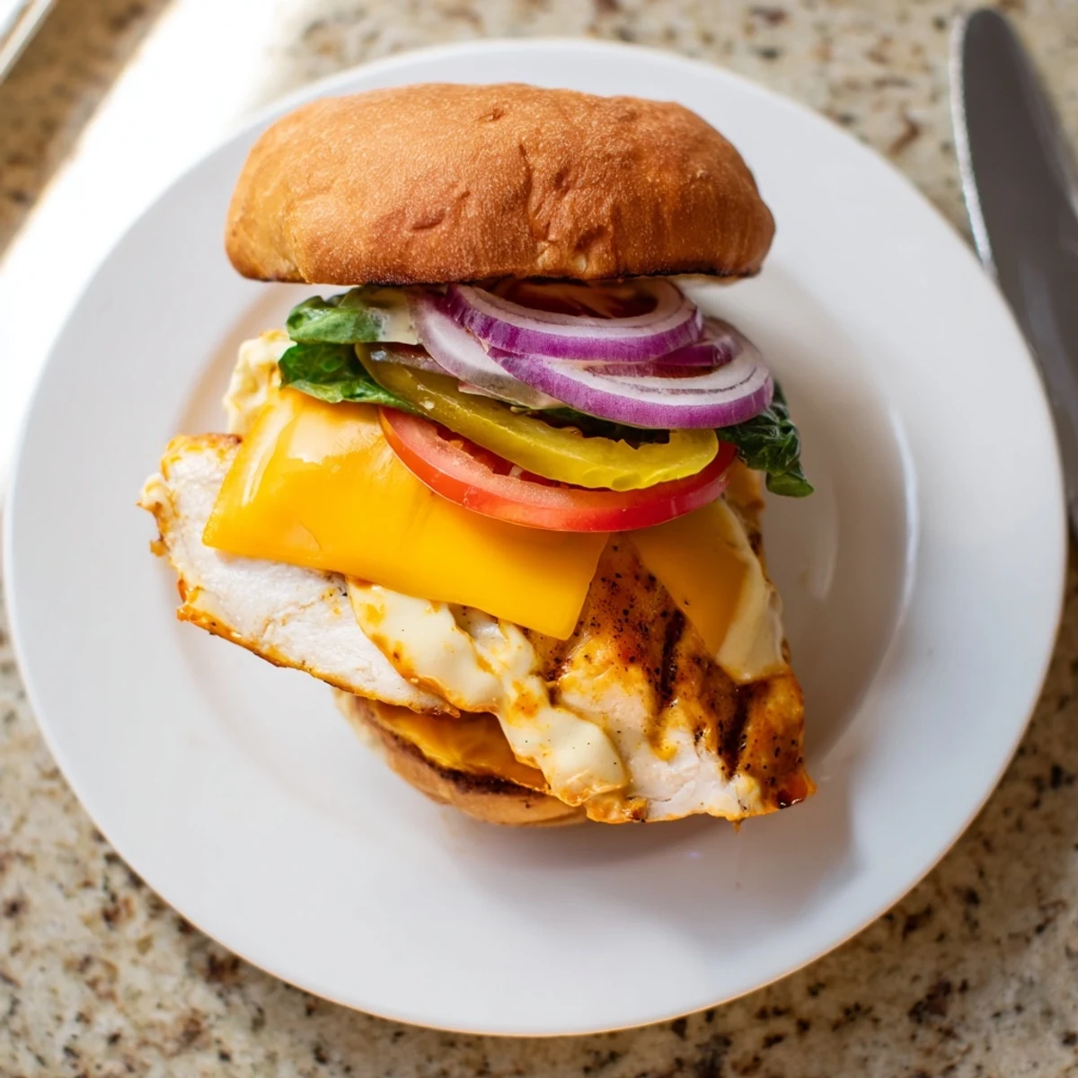 Toasted bun holds Spicy Chicken Sandwich With Creamy Sauce, crisp lettuce