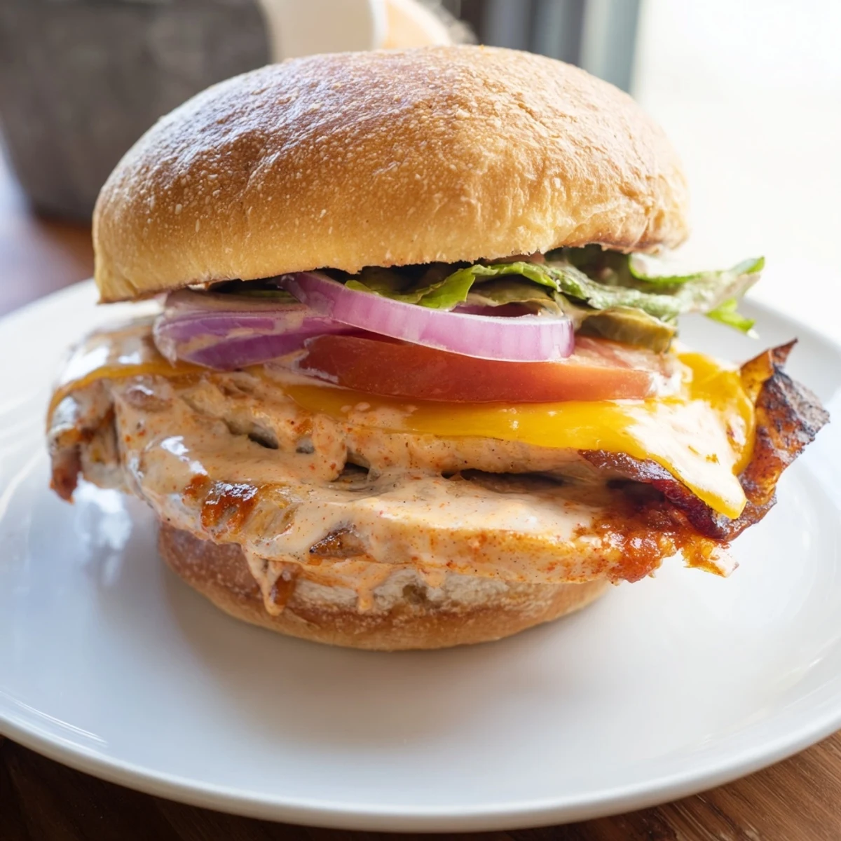 Sliced Spicy Chicken Sandwich With Creamy Sauce steaming, tangy drizzle falling