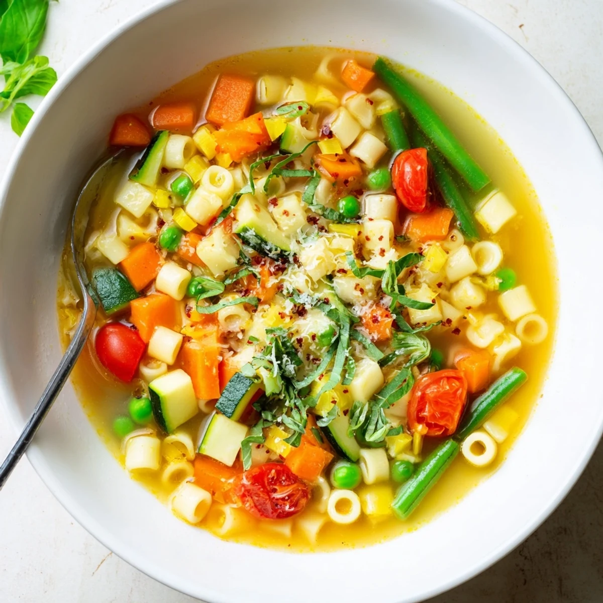 Spring Minestrone Soup Recipe steaming in bowl, vibrant vegetables and basil aroma