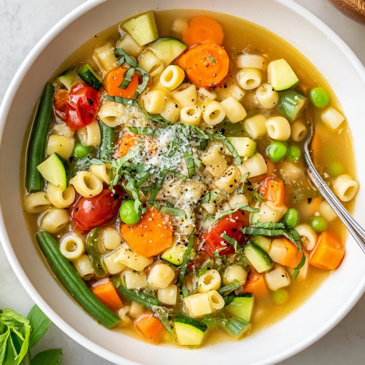 Warm Spring Minestrone Soup Recipe ladled with Parmesan, crusty bread beside bowl
