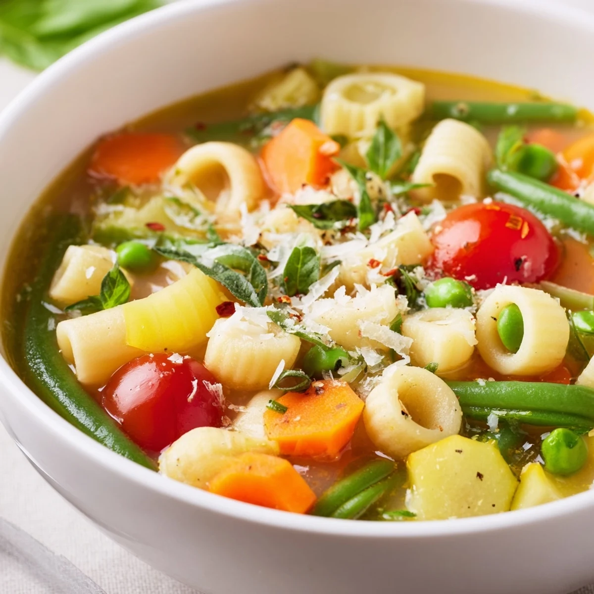 Hearty Spring Minestrone Soup Recipe showcasing tender pasta, peas, tomatoes, fresh herbs