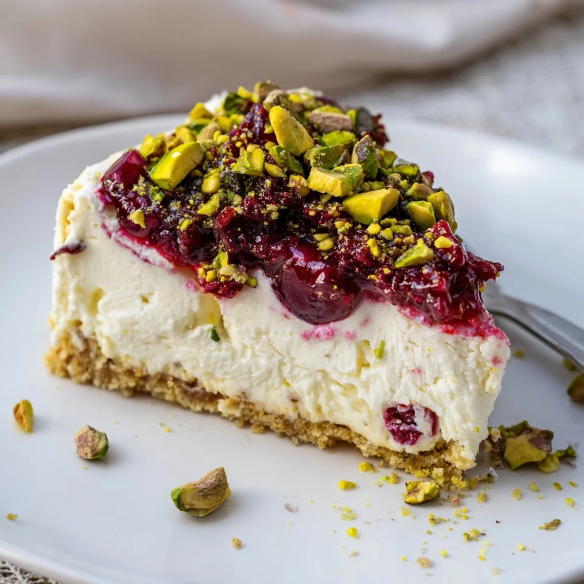 Lemon Lime Cherry Pistachio Cheesecake topped with glossy cherries and chopped pistachios