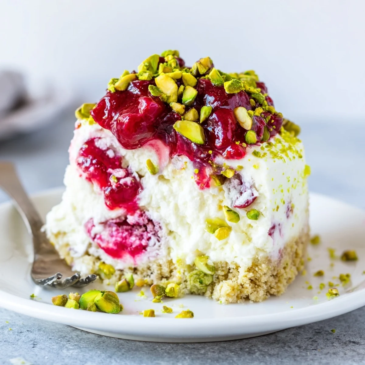 A chilled Lemon Lime Cherry Pistachio Cheesecake slice showing zesty swirls and pistachio crunch