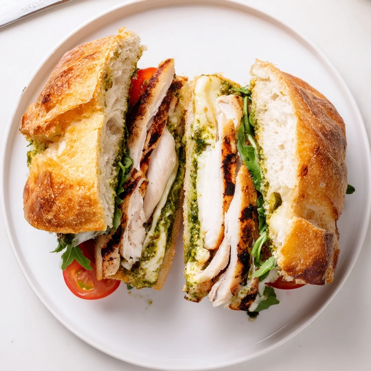 Chicken Pesto Sandwich Recipe with grilled chicken, melted mozzarella, and bright pesto