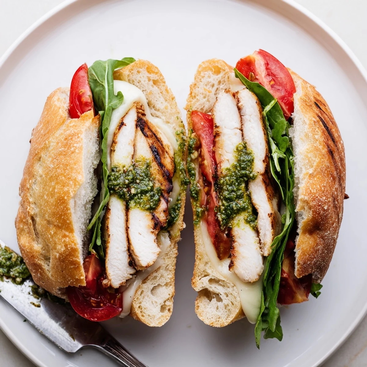 Warm Chicken Pesto Sandwich Recipe on toasted ciabatta, juicy tomato and arugula