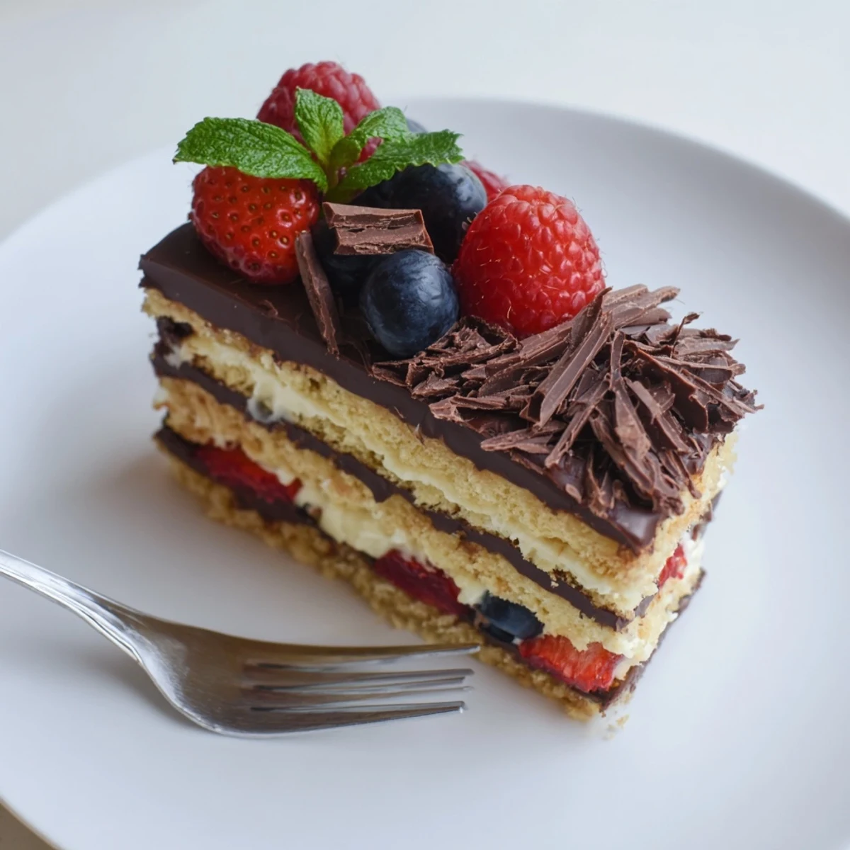 The Ultimate Dessert Recipe with layered chocolate, vanilla cream, and glazed berries