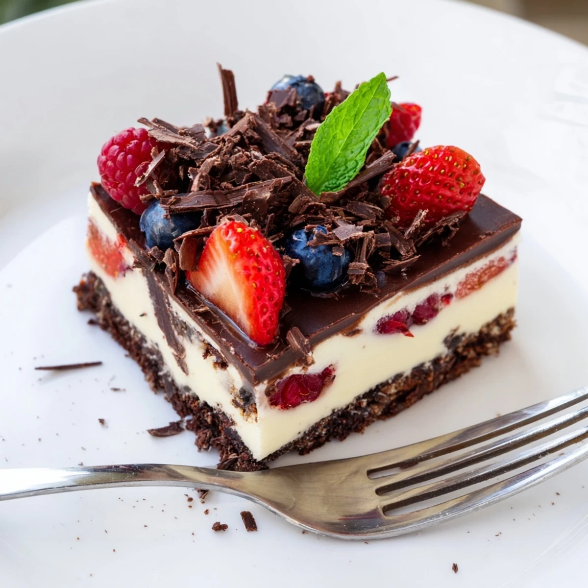 A slice of The Ultimate Dessert Recipe reveals glossy ganache and berries