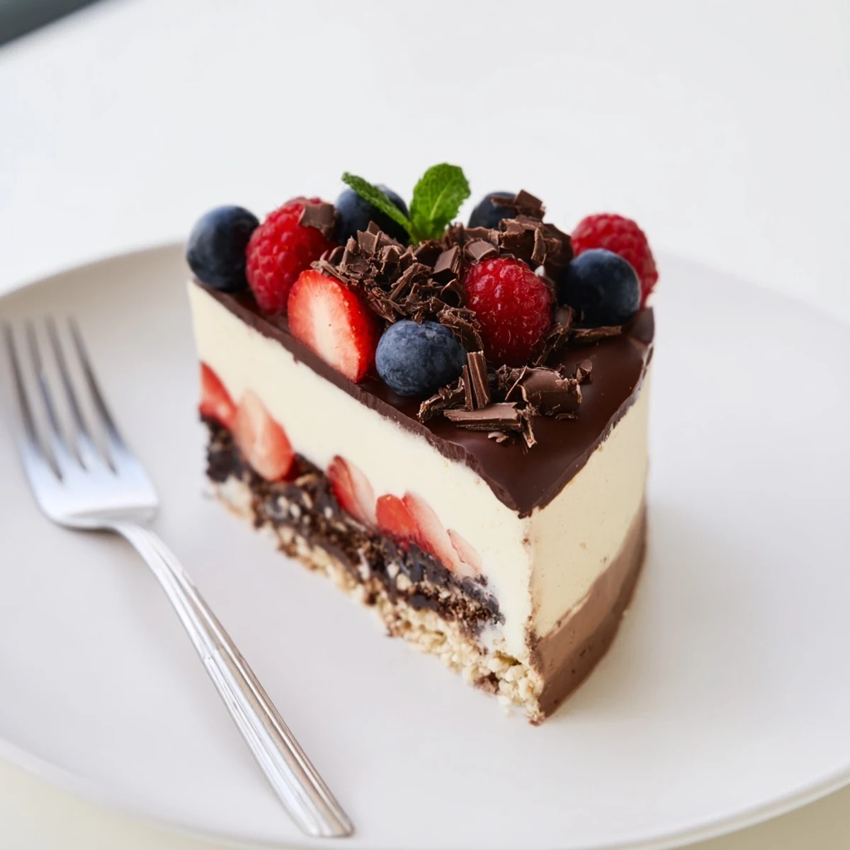 Chilled The Ultimate Dessert Recipe in springform pan, garnished with chocolate shavings