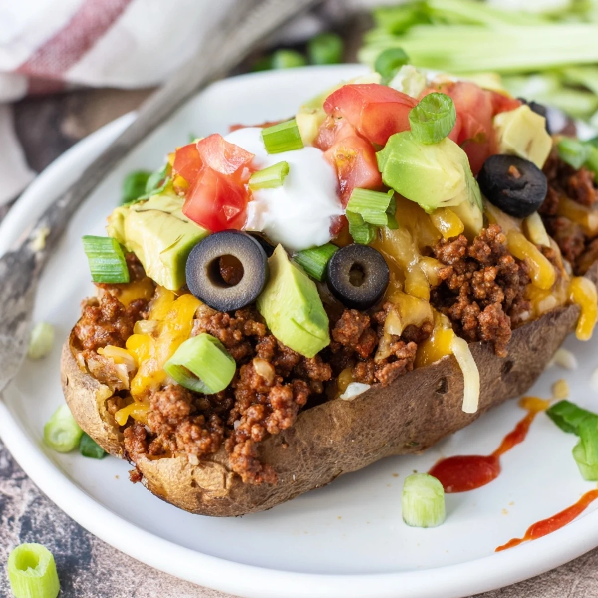 Taco Loaded Baked Potatoes overflowing with seasoned beef, melty cheese and salsa