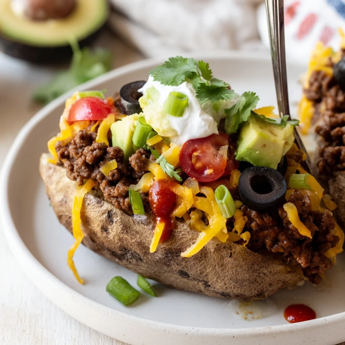 Crisp-skinned Taco Loaded Baked Potatoes split open, topped with avocado and cilantro
