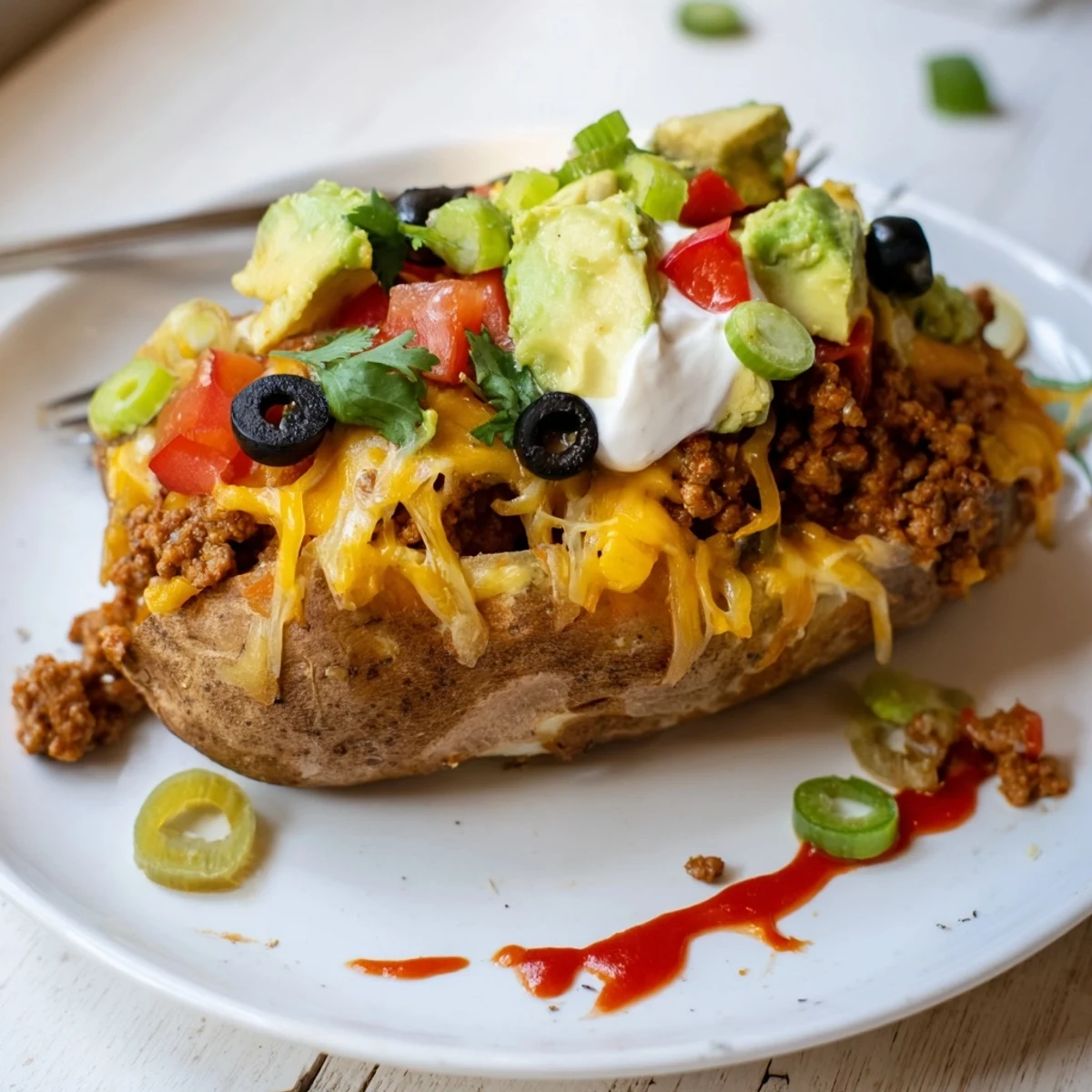 Family-style Taco Loaded Baked Potatoes served hot on plate with sour cream